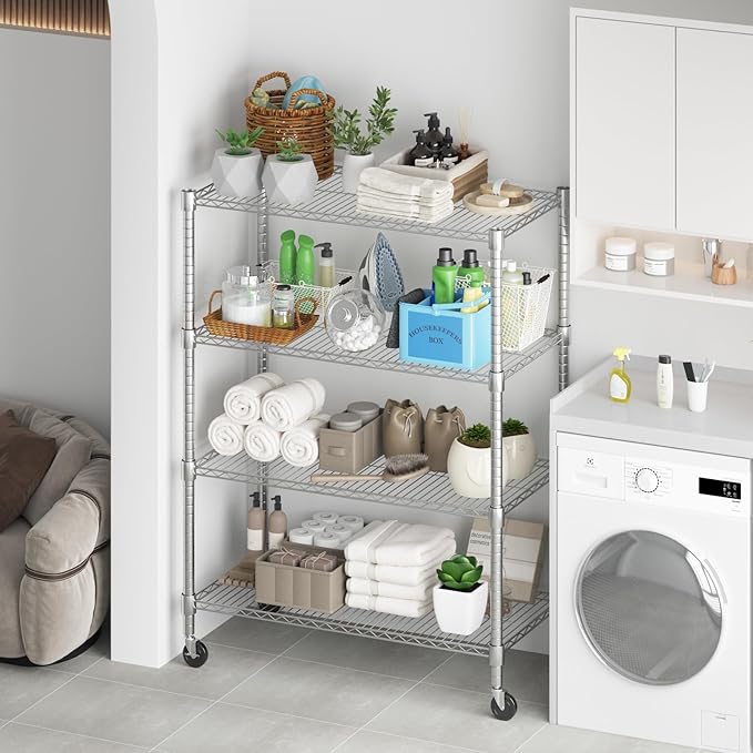 Himimi 4-Tier Heavy Duty Steel Wire Rack Storage Shelving, Adjustable Metal Storage Shelves with Wheels, 72''H Wire Shelf for Kitchen Garage Basement Pantry Organization, 18" D×36" W×72" H-Silver