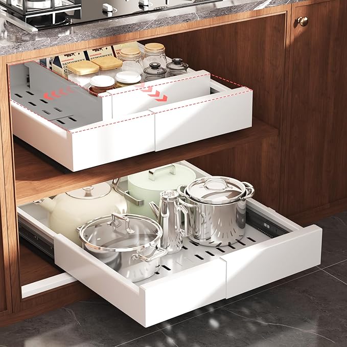 1 Pack Pull Out Cabinet Organizer Expandable Width(11"-16") and Depth(13"-17"),Slide Out Drawers With Raising Pad for Framed Cabinets,No Drill Roll Out Shelves for kitchen,Bathroom,White
