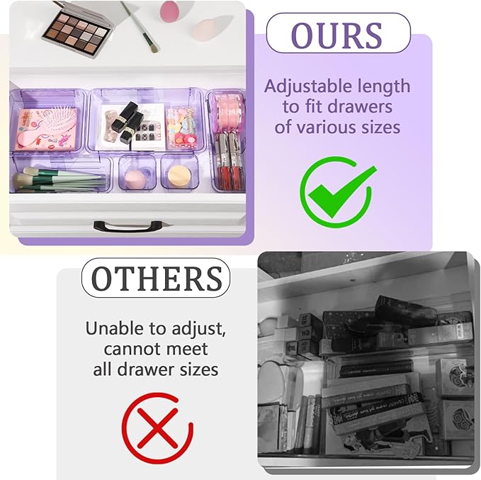 20 Pcs Adjustable Clear Drawer Organizer, Extendable Vanity Storage Bins, Desk Drawer Organizer Set for Makeup, Cosmetics, Bedroom, and Gadgets, Purple