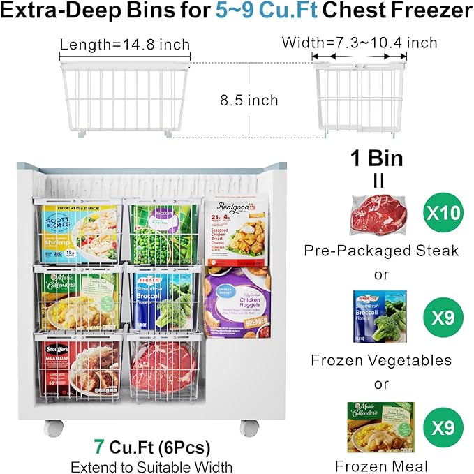 iSPECLE Chest Freezer Organizer Bins - Fit 5 to 9 Cu.FT, 6 Pack Large Adjustable Freezer Organizer Bins for Deep Freezer, Easy Access & Stackable Chest Freezer Organizer Hold More Food, White