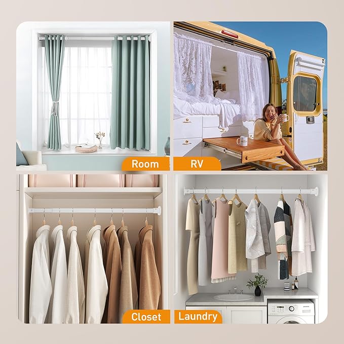 White Adjustable Closet Rod 18-48 Inches, Heavy Duty Metal Clothes Hanging Rod, Rust-Proof Non-Slip Wardrobe Bar for Closet, Laundry Room, RV