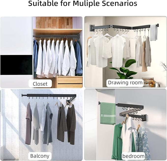 Wall Mount Clothes Drying Rack, 2-Fold Foldable & Sturdy Laundry Drying Rack Wall Mounted, [No Drilling] Space Saver for Laundry, Balcony, Bathroom, Patio, Dormitory, Apartment-Black