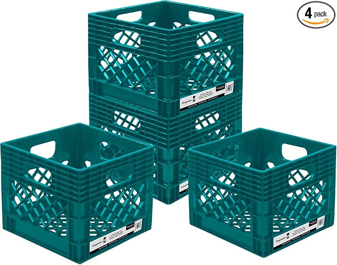 ORGANIZE-IT! Authentic Milk Crate, 4 Pack - Heavy-Duty Storage Crate, Easy-Grip Handles, Versatile Storage Crate Box, 13" L x 13" W x 11" H (Teal)