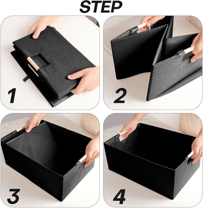 Fabric Storage Bin 3 Pack Foldable Cotton Linen Storage Basket with Wooden Handles Rectangular Cube Box – Black, Small
