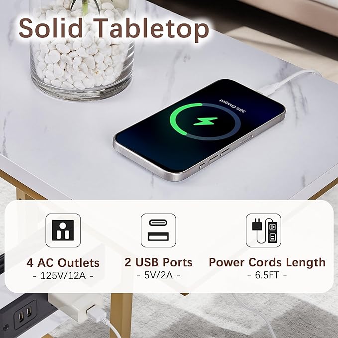 VECELO C Shaped End Side Table with Charging Station & Power Outlets for Couch Sofa/Bed, Snack TV Tray with Metal Frame for Living Room Bedroom 2 PCS, Gold