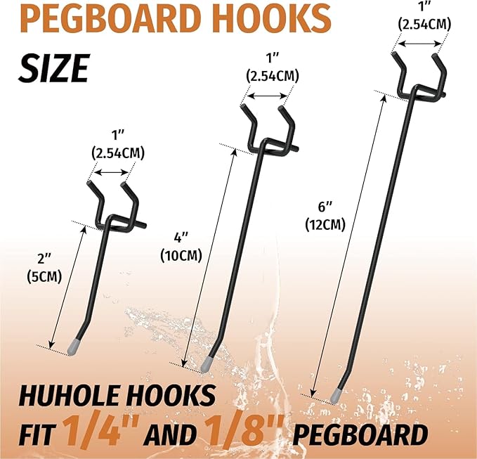 HUHOLE Pegboard Hooks 6 Inch 50PC, Black Peg Board Hooks, Fit 1/4" or 1/8" Pegboard, Ideal Peg Board Organizer Accessories for Garage Tool Organization, Wall Storage (Black, 6 Inch)