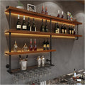 Solid Wood Wall Mounted Wine Rack, Large Wine Rack with LED Light, 4 Tiers Liquor Bottles Floating Shelves with Glass Holder, Industrial Bar Shelves for Home Bar Dining Room (51.2 IN/ 130CM)