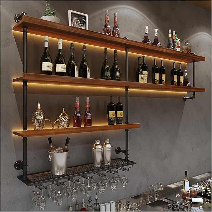 Solid Wood Wall Mounted Wine Rack, Large Wine Rack with LED Light, 4 Tiers Liquor Bottles Floating Shelves with Glass Holder, Industrial Bar Shelves for Home Bar Dining Room (51.2 IN/ 130CM)