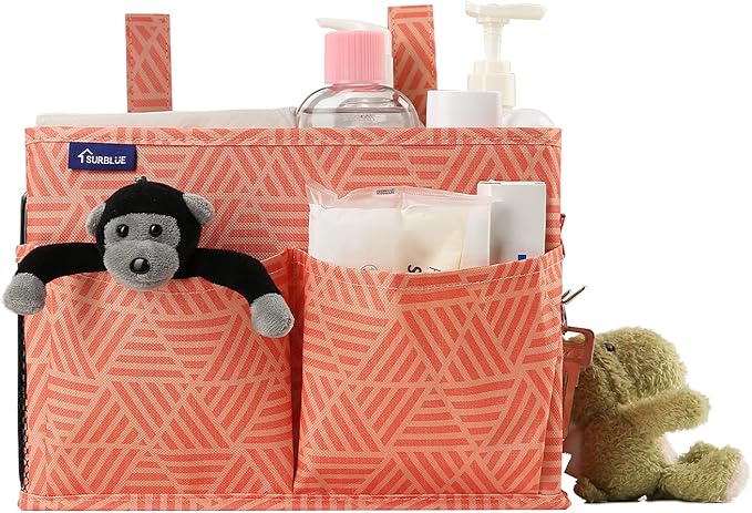 Surblue Bedside Caddy Hanging Bed Organizer Storage Bag Pocket for Bunk and Hospital Beds, College Dorm Rooms Baby Bed Rails,Camp Chiars，Wheelchair Side Bag，4 Pockets and 2 Hooks (Orange Plaid)