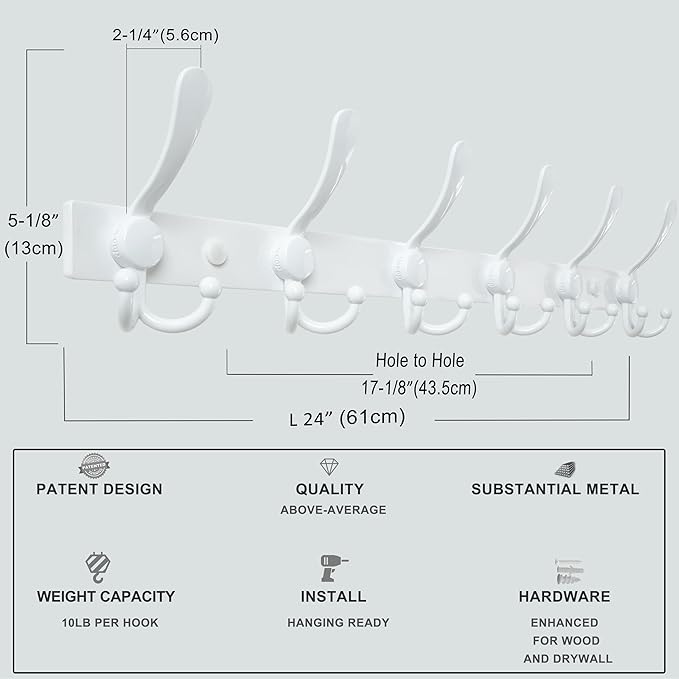 Dseap Coat Rack Wall Mount 2.0 Pro: 24” Long, 3X Tougher, Heavy Duty Stainless Steel Wall Coat Hanger with 6 Tri Hooks for Clothes Jackets Hats Entryway Closet, White