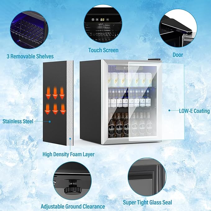 Beverage Refrigerator and Cooler, 76 Can/1.7 Cu Ft Mini Fridge with Glass Door, Adjustable Shelves for Soda,Beer,Wine, Free Standing Small Refrigerator, Digital Display, for Home, Bar, Office