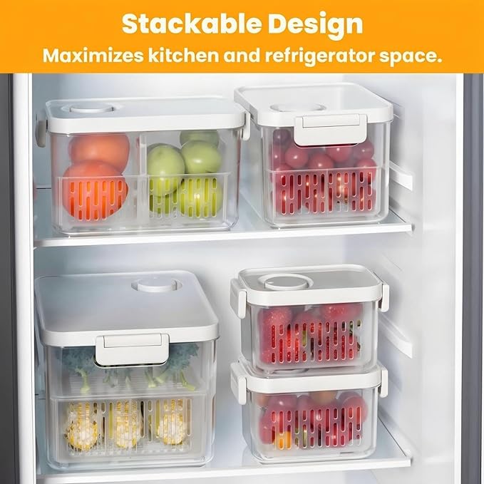 vacane Clear Fruit Containers for Fridge with Timing Knob, Produce Saver with Lids & Colanders, Dishwasher Safe Berry Containers, Keep Vegetable Food Fresh