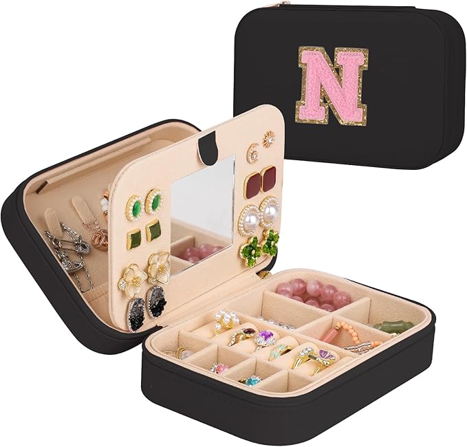 TopPerfekt Travel Jewelry Case, Jewelry Box with Mirror, Jewelry Organizer Bridal Shower Gifts to Her, Earring Storage Travel Case, Trendy Gift for Women and Girls, Girlfriend-Letter N, Black