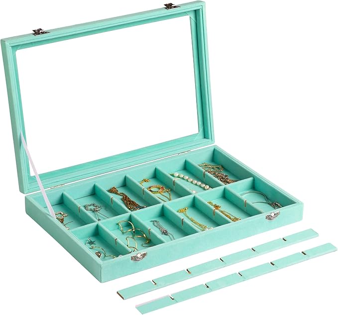 Frebeauty Jewelry Organizer Tray with Clear Lid 24 Grid Velvet Drawer Insert Jewelry Storage box with Transparent Glass lid Jewelry Display Case with Lock Gifts for Girls Women (Turquoise, 24 Grid)