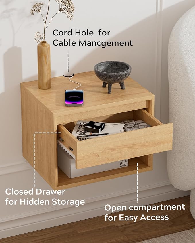 Floating Nightstand Set of 3, Wall Mounted Bedside Table with Storage Drawer and Open Shelf, Modern Night Stand with Handless Design for Living Room, Bedroom, Dorm, Natural Oak
