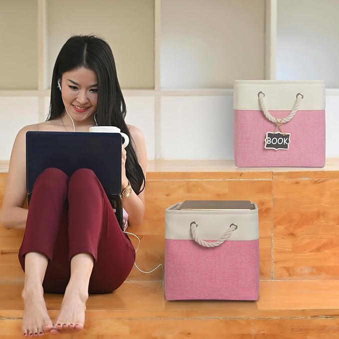 storage cubes 12 x 12[6 Pack],Cube Storage Organizer Bins with Rope Handles, Eco-Friendly Linen Collapsible Organizers for Closet, Nursery, Toys, Office, Bathroom – Dual Color Design.(White&Pink)