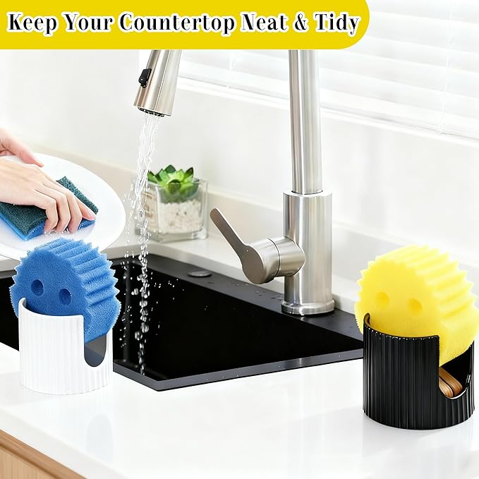Ceramic Sponge Holder for Kitchen Sink - Dishwasher Safe Porcelain Dish Sponge Caddy Minimalist Vertical Stripes, Scrub Daddy Drying Rack for Countertop, Bathroom, Kitchen Sink Organizer, White