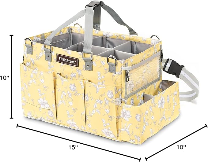 FifthStart Multi-Purpose Cleaning Caddy with Waist, Shoulder Strap, Mesh Base & 9 Pockets – Easy to Clean Diaper Caddy with Adjustable Compartments (Yellow Floral, X-Large)