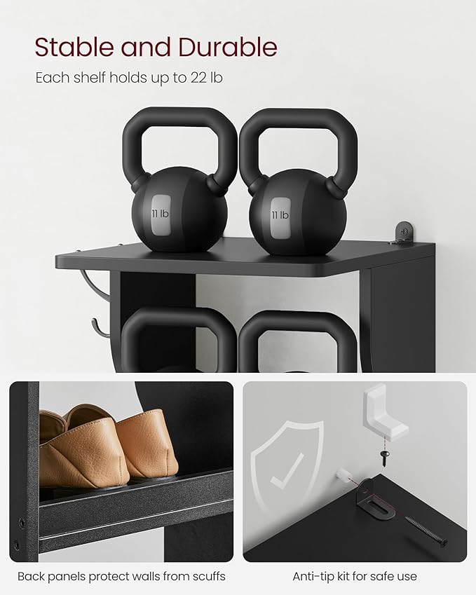 VASAGLE 7-Tier Vertical Shoe Rack, Narrow Shoe Storage Organizer with Hooks, Slim Corner Tower Shelf, Space-Saving for Entryway and Bedroom, Black ULBS200T16