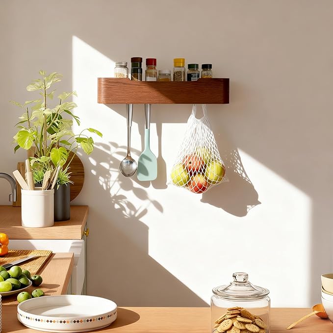 Wall Coat Rack Floating Shelves Modern Coat Rack Wall Mount with Storage Entryway Shelf Wooden Hanger 20 Inch 4 Hidden Metal Hooks for Living Room Bedroom (Walnut Color, 4 Hooks)