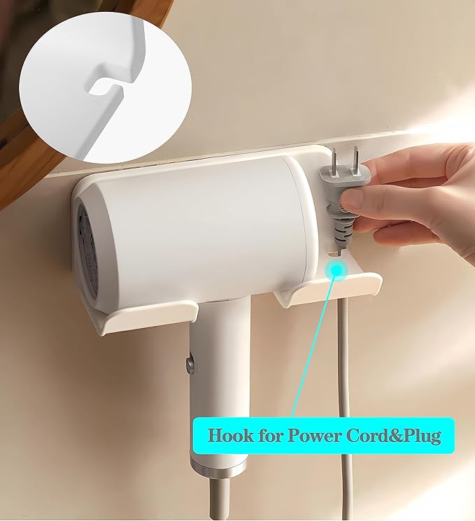 Universal Hair Dryer Holder, Blow Dryer Hanger Wall Mount for Hair Dryer Hook with Plug&Cord Organizer Self Adhesive for Cabinet Bathroom(1 Pack White)