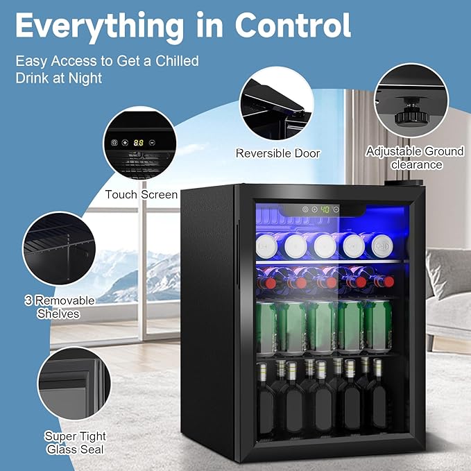 Stopasd Beverage Refrigerator Cooler, 2.6 Cu.Ft/95 Can Drink Fridge with Adjustable Shelves & Glass Door for Soda Wine Beer, Quiet Undercounter Small Fridge for Home/Office/Bar/Garage(40-61 ℉), Black