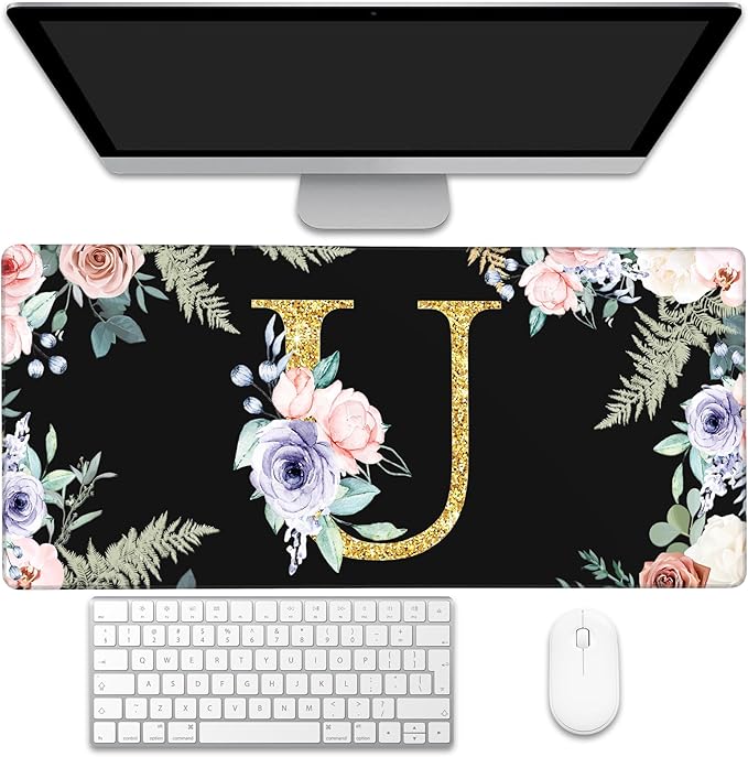 Large Gaming Mouse Pad for Desk, Flower Golden Letters U Desk Mat, 35.4"x15.7" Big Mouse Pad with Non-Slip Base and Stitched Edge, Long Computer Keyboard Mouse Mat for Home Office Work