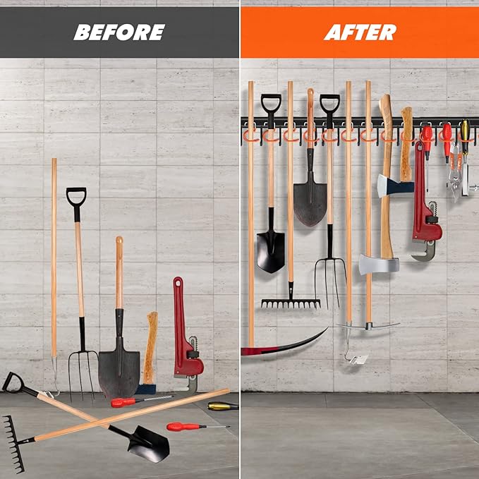 51'' All Metal Garden Tool Organizer Adjustable Garage Tool Organizer Wall Mount Garage Organizers and Storage with Heavy Duty Hooks Tool Hangers for Garage Wall, Shed, Garden