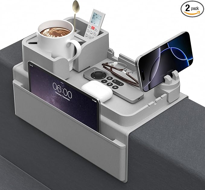 Couch Arm Cup Holder CLESOO Couch Arm Tray Anti-Slip Couch Cup Holder Silicone Sofa Armrest Tray Dual Side Pocket Couch Drink Holder Sofa Caddy Arm Remote Holder Snack Caddy with Phone Holder Grey