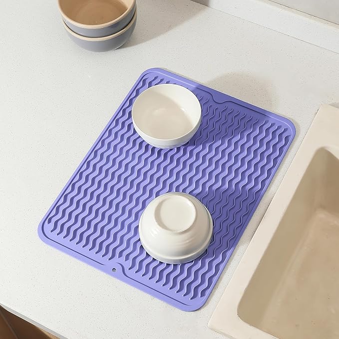 Silicone Dish Drying Mat for Multiple Usage,Easy clean,Eco-friendly,Heat-resistant Silicone Mat for Kitchen Counter or Sink,Refrigerator or drawer liner Light Purple L 16 inches x 12 inches