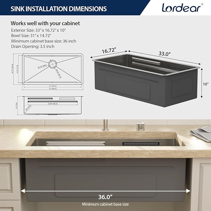 Lordear 33" Undermount Waterfall kitchen Sink - Undermount Kitchen Sink Stainless Steel16 Gauge Single Bowl Ledge Workstation Handmade Under Counter Smart Kitchen Sink 33 Inch