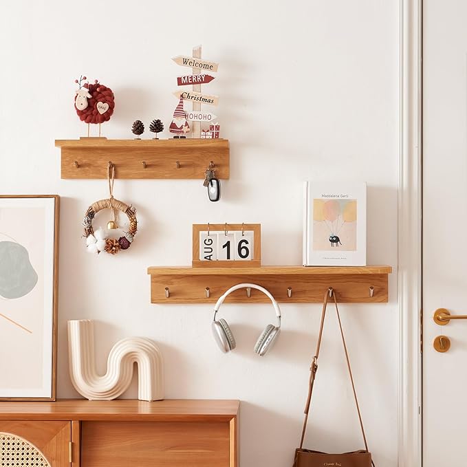 Oak Wood Coat Rack Wall Mount With Shelf 20 Inch Long, 5 Hooks, Floating Entryway Wall Shelf for Bathroom, Hallway, Living Room