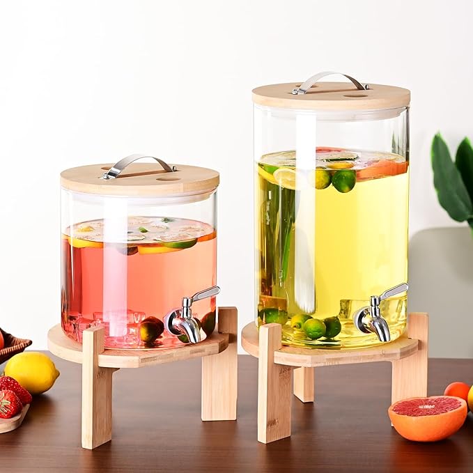Glass Drink Dispenser, 2 gallons, With faucet wood stand Easy flow control, great for parties, bars & restaurants Large Glass Cold Beverage Dispensers.(2 gallon)