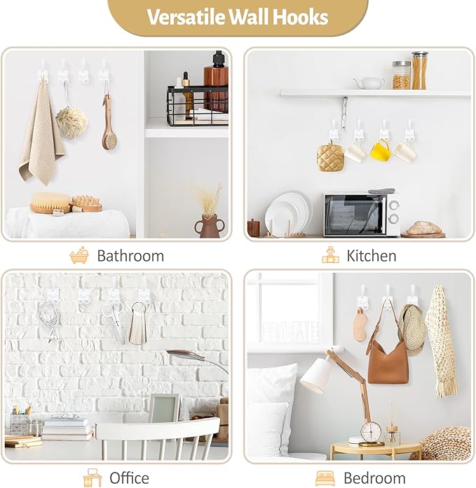 VIS'V 3 Prong Coat Hooks Wall Mount, Metal Self Adhesive Entryway Wall Hooks, 2 Mount Options, White, 4 Pcs