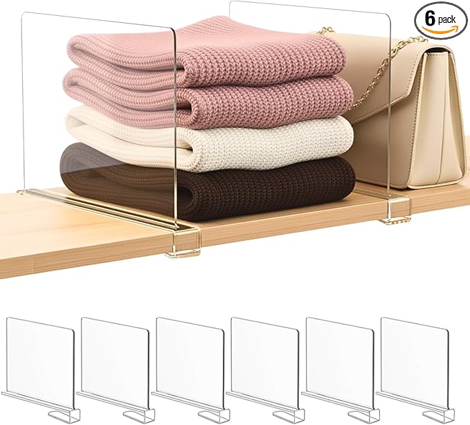 Shelf Dividers Purse Organizer for Closet: 6-Pack Acrylic Bag Storage Organizer for Handbags, Clutches, Clothes, Sweater, Towel on Wood Shelves