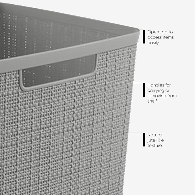 Curver Set of 4 Large Cube 17L Jute Decorative Plastic Organization and Storage Baskets - Perfect Bins for Home Office, Closet Shelves, Kitchen Pantry and All Bedroom Essentials, Grey