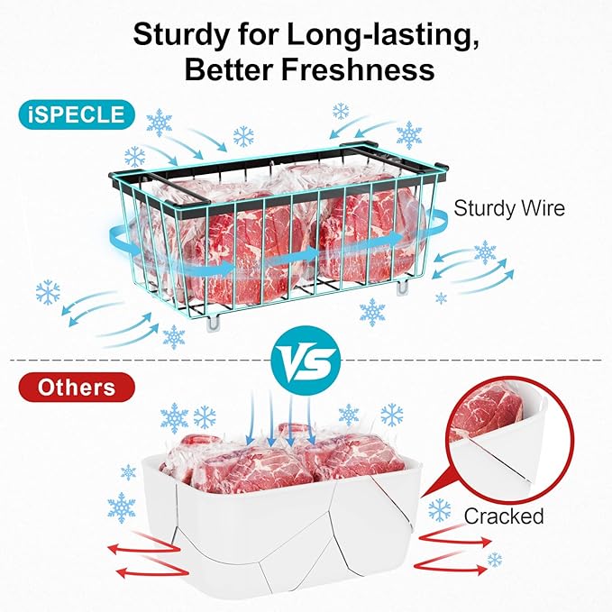 iSPECLE Freezer Storage Bins - 6 Pack Small Stackable Deep Freezer Organizer Bins for Most 7 Cu.FT Chest Freezer Sort Frozen Food, Freezer Basket with Handles Easy to Get Food from Bottom, Black