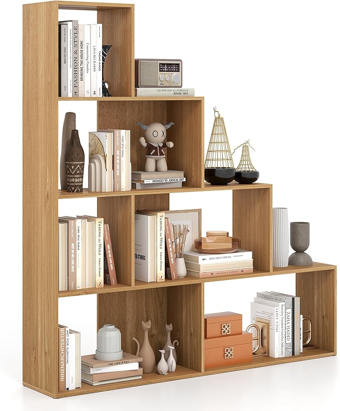 Tangkula 4-Tier Stepped Bookshelf, Freestanding 6 Cubes Ladder Bookcase with Anti-Tipping Kits, 64" Tall Modern Wooden Storage Display Rack for Home Office Living Room Study (1, Natural)