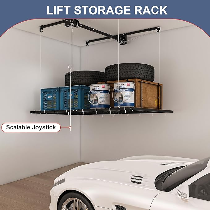 Montary 4x8 FT Overhead Garage Storage Rack for 10-12 FT Ceiling, Adjustable Ceiling Storage Rack with Safety Lock, 325LBS Capacity All-Steel Construction Heavy-Duty Garage Lifting Organizer