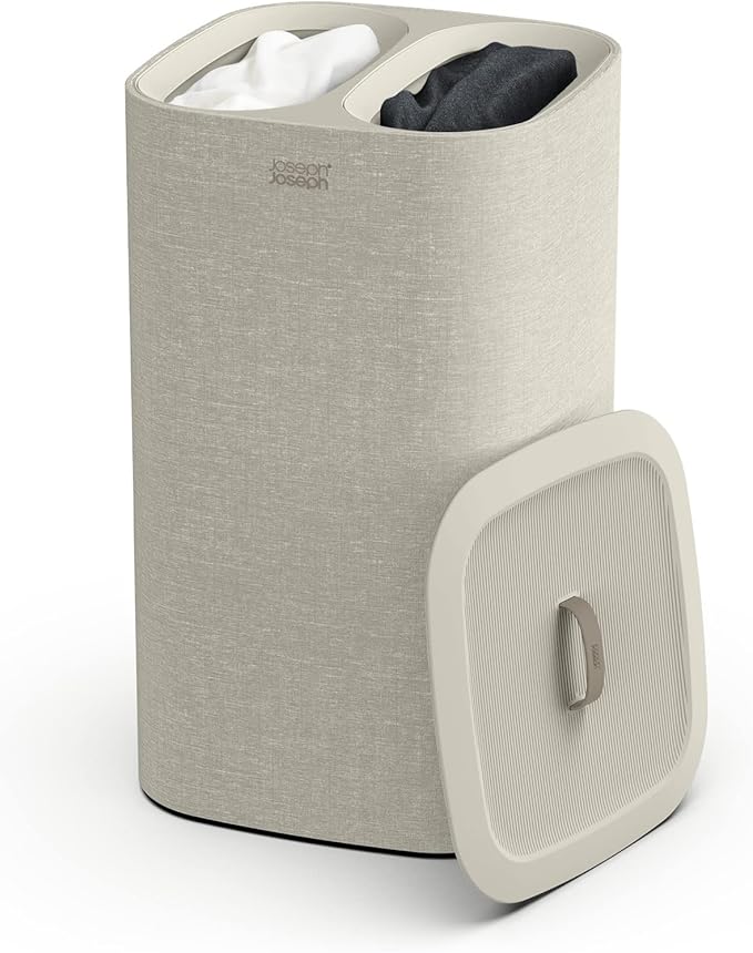 Joseph Joseph Tota 60 liter/15.8 gallon Laundry Hamper Separation Basket with lid, 2 Removable Washing Bags with Handles- Ecru