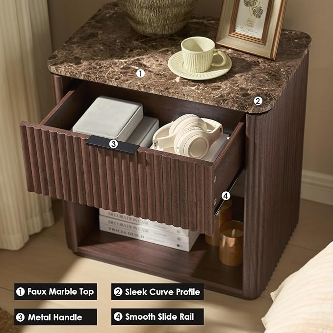 Fluted Nightstand with Drawer, Bedside Table with Faux Marble-Top, Engineered Wood Side Table with Open Shelf, Curved Corners, Metal Handle, Modern Night Stand for Bedroom, Small Spaces, Dark Oak