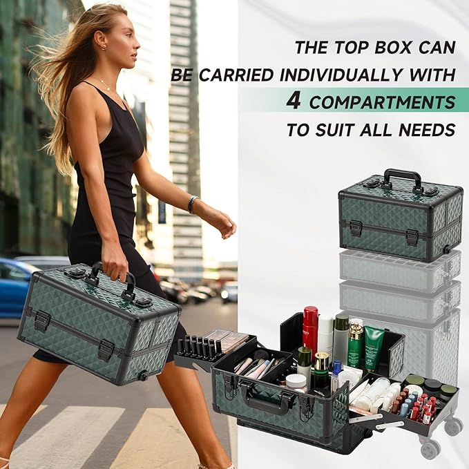 Leeora&Leekoo Portable Multi-Storey Nail Case for Nail Tech Organizer - Wheels Makeup Case Organizer, Cosmetic Case, Makeup Train Case, Make Up Case (Dark Green)
