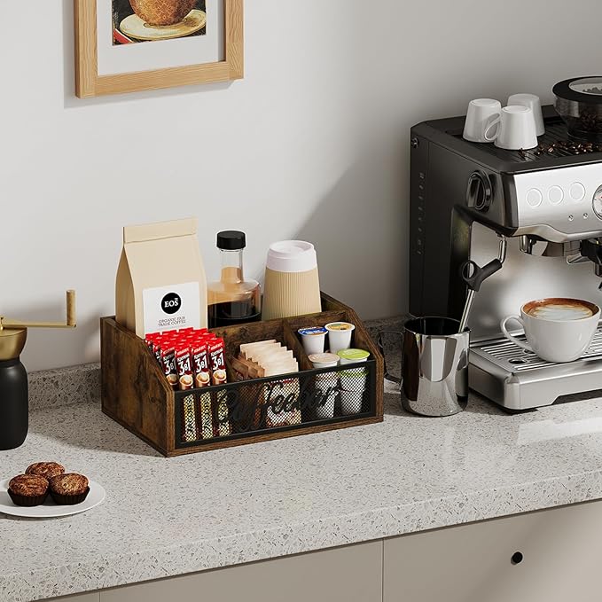 YINMIT Coffee Station Organizer for Countertop, Wood Coffee Bar Organizer with Removable Dividers for Pods, Syrup, Cups, Stirrer, Tea - Office Coffee Bar Accessories