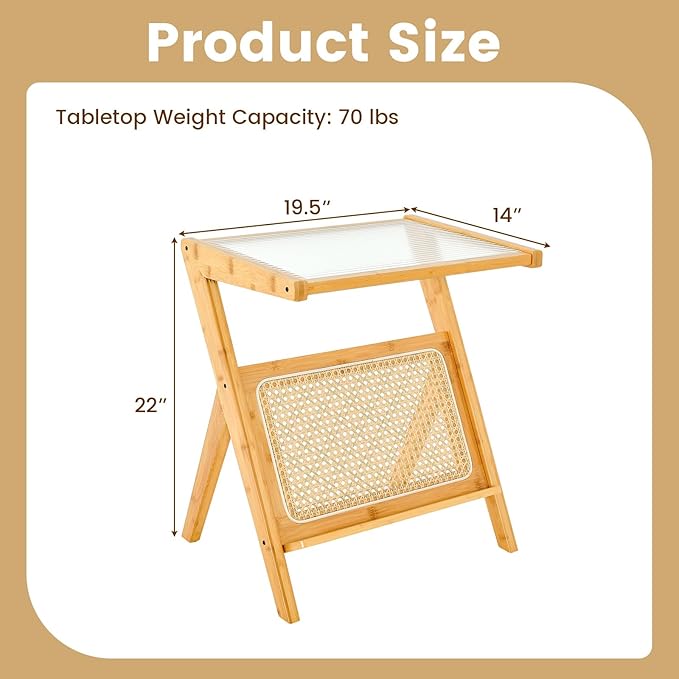 GOFLAME Rattan Side Table Set of 2, Z-Shaped End Table with Tempered Glass Top, Magazine Rack, Boho Night Stand, Small Coffee Table, Bamboo Accent Bedside Table for Living Room, Bedroom, Natural