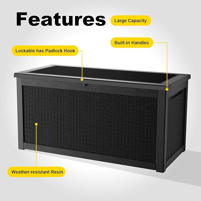 320 Gallon Waterproof Outdoor Storage Box, UV Resistant Resin Deck Box with Hydraulic Rod for Reinforced Stability, Perfect for Patio, Garden, and Pool, Black