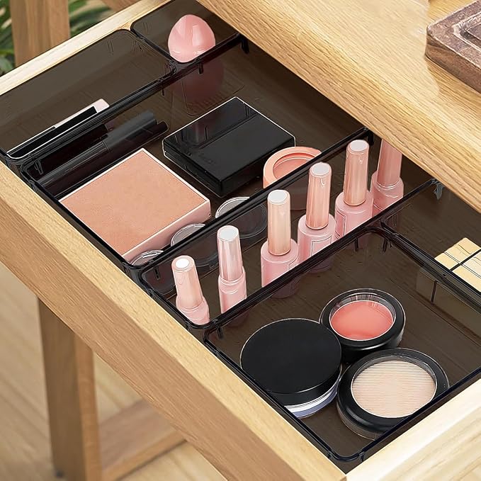 25 PCS Drawer Organizer Set, 4 Varied Size Bathroom and kitchen Drawer cabinet organizer Trays, Clear Storage Bins for Makeup, Jewelry, Utensils and Gadgets，Black