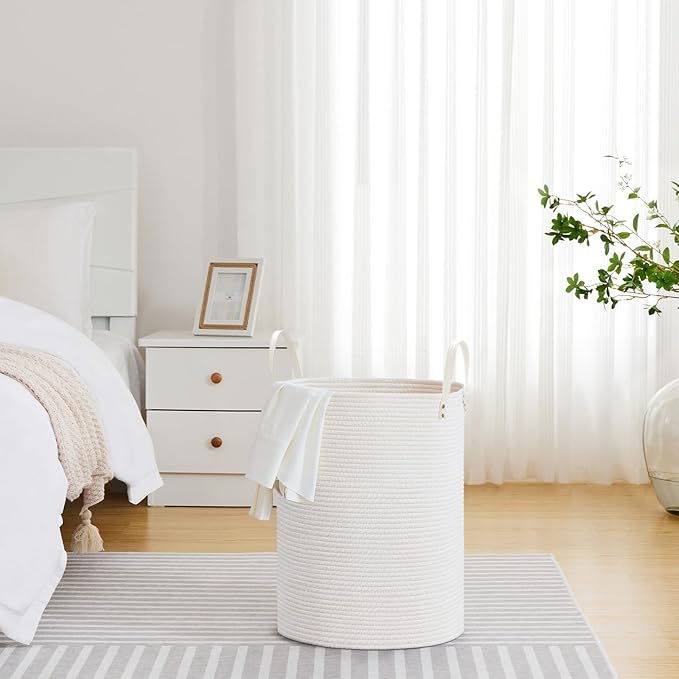 VIPOSCO Tall Laundry Basket, Large Dirty Clothes Hamper with Leather Handle, Woven Rope Storage Basket for Blanket, Toy In Living Room, Bathroom, Bedroom - 58L White