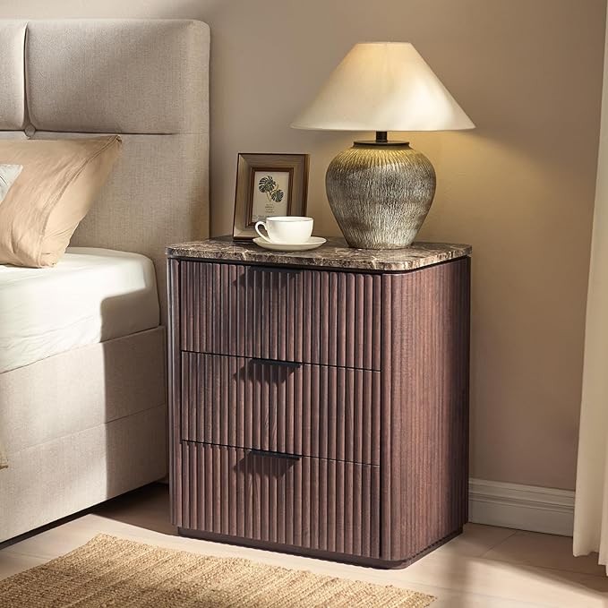 Fluted Nightstand with 3 Drawers, Engineered Wood Bedside Table with Faux Marble-Top, Modern End Table with Curved Corners, Metal Handle, Large Night Stand for Bedroom, Office, Closet, Dark Oak