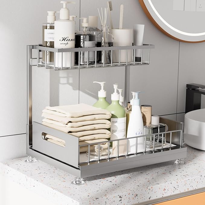 2 Pack Under Sink Organizer Storage 2-Tier Premium Metal Pull-Out Racks, Height Adjustable, Easy Installation | Kitchen & Bathroom Organizers