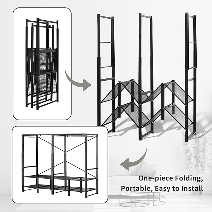 Portable Closet Rack Heavy-Duty Foldable Garment Racks with Cover 1200lbs Enclosed Wardrobe Closet with Independent Area for Hanging Clothes Storaging of Bedding (75in*20in*67in)